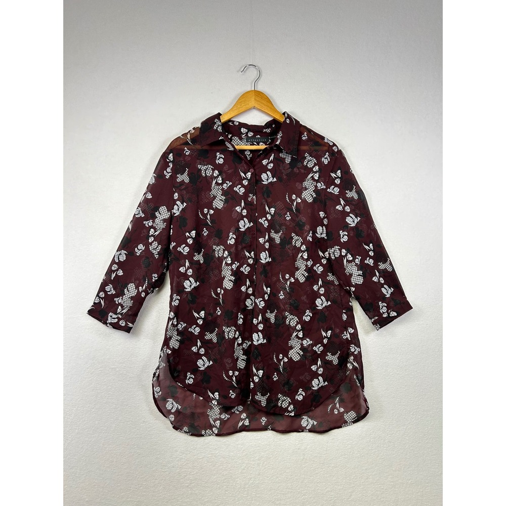Attention Burgundy Floral Sheer Button Down Tunic Shirt Top‎ Women XL